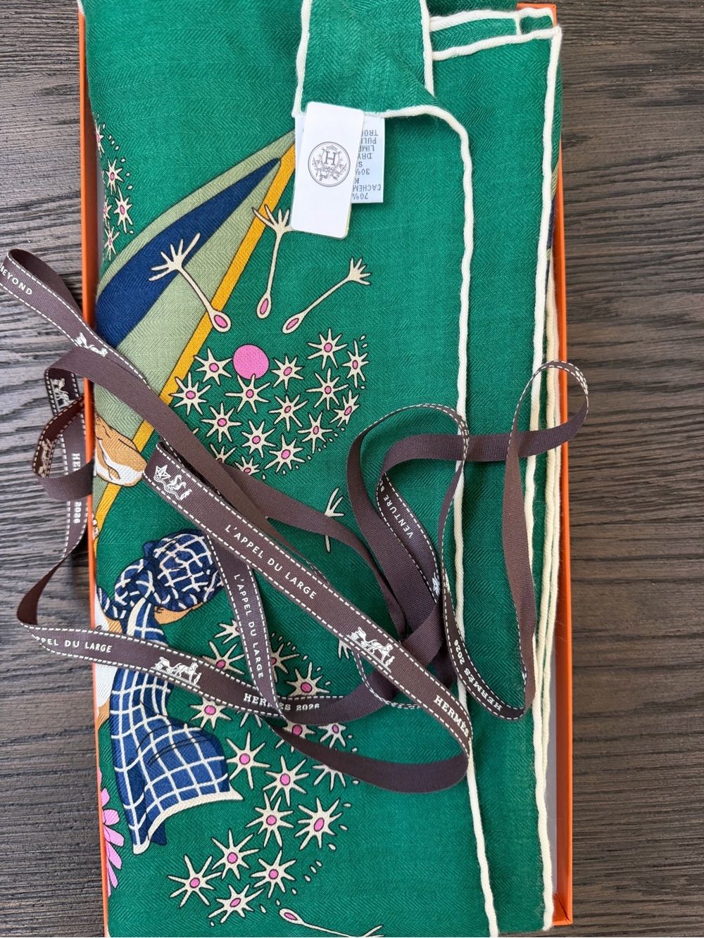 Hermes Green Silk Pocket Square with Pink, Blue and Cream Accents